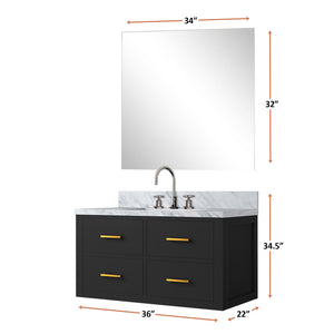 English Elm Black Single Sink Vanity Set With Carrara Marble Top, 34" Mirror & Chrome Faucet - Stylish Upgrade! B2731S01987