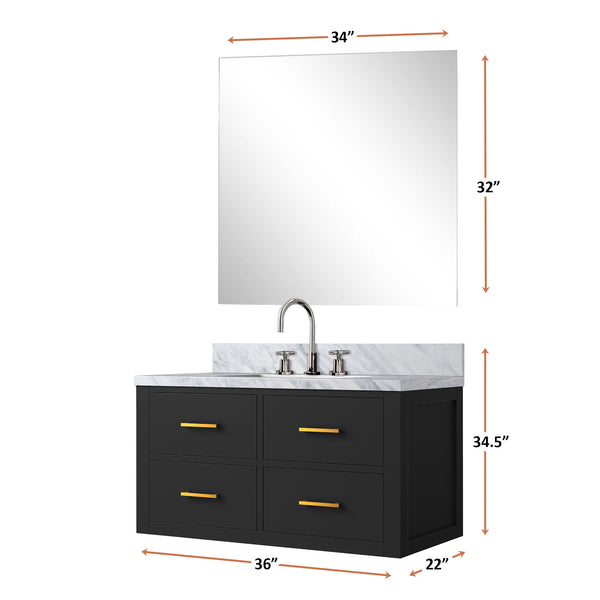 English Elm Black Single Sink Vanity Set With Carrara Marble Top, 34" Mirror & Chrome Faucet - Stylish Upgrade! B2731S01987