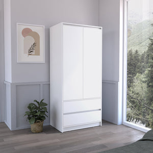 English Elm Armoire, White Engineered Wood Wardrobe with Hanging Rod, Two Deep Drawers & Shoe Shelf, FSC Certified B097S00099