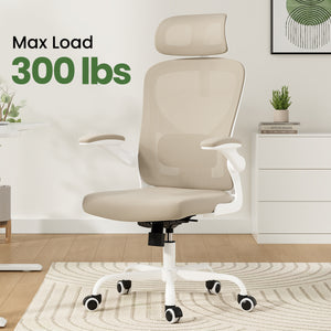 English Elm Ergonomic Office chair with adjustable headrest and lumbar support, breathable mesh, space-saving design khaki,White T3623P368566