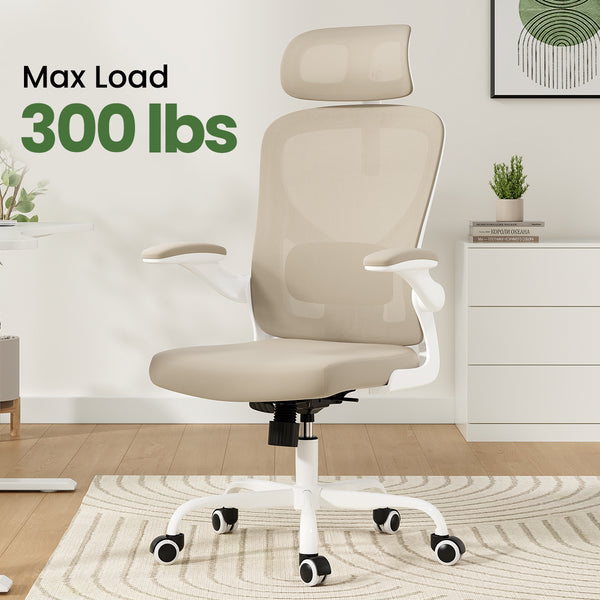 English Elm Ergonomic Office chair with adjustable headrest and lumbar support, breathable mesh, space-saving design khaki,White T3623P368566