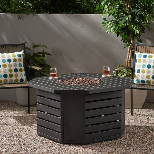 English Elm Octagon Iron Propane Fire Pit with Open Slat Design for Patio Gatherings 66596.00BLK-50K