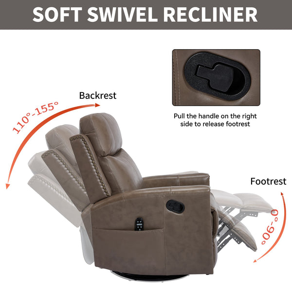 English Elm Camel Genuine Leather Massage Rocker Swivel Recliner with Heat and Lumbar Relief W1803P323716