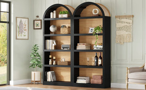 English Elm On-trend Farmhouse Two-tone Bookcase Set Arched Fabric Crown Open 5-tier Shelving Black+Natural N721P411205B