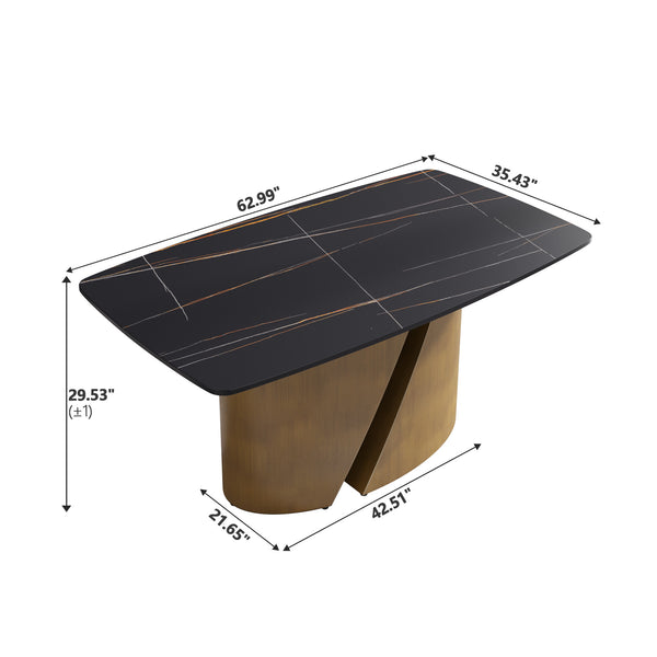 English Elm 63" Modern Sintered Stone Dining Table With Curved Black Panel And Bronze Iron Legs For 6-8 People W1535S00358