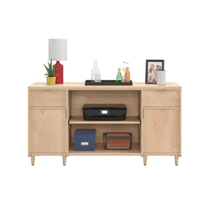 English Elm Credenza, Maple finish—65" durable engineered wood storage with 2 drawers, adjustable shelves, cord management B356P354456