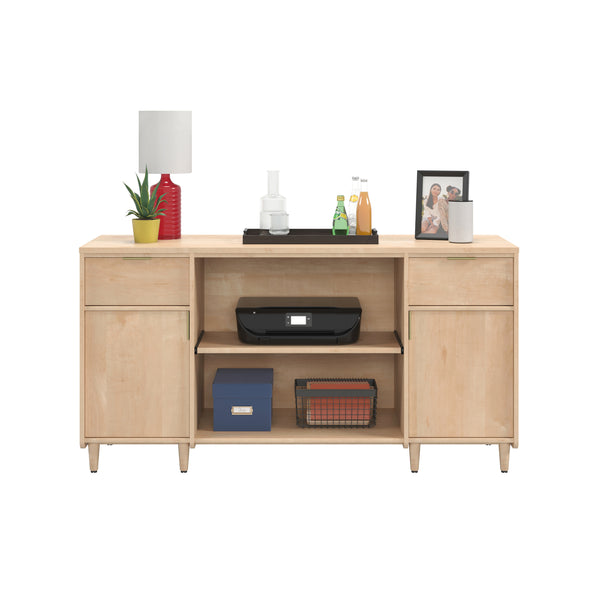 English Elm Credenza, Maple finish—65" durable engineered wood storage with 2 drawers, adjustable shelves, cord management B356P354456
