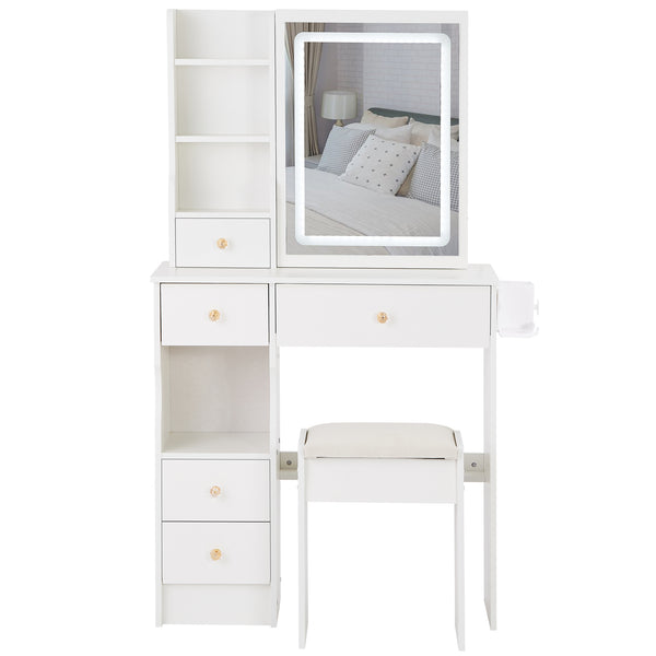 English Elm 29.2" Compact Left Drawer Vanity Table With Cushioned Stool, Led Mirror, Usb Ports & Hair Dryer Holder W3258P299616