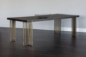 Sunpan ALTO Dining Table - 94.5" Oak Veneer with Distressed Finish, Antique Brass Legs, Seats 8 Comfortably 102947