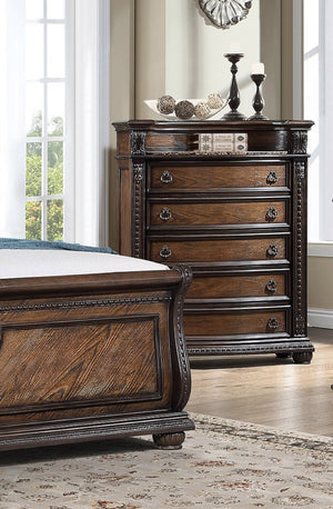 English Elm 1pc Marble Top Five Drawers Tall Chest with Intricate Moldings, Curved Silhouette & Antiqued Hardware Brown,Coffee 48 L x 23.5 W x 58.25 H B2741P366085