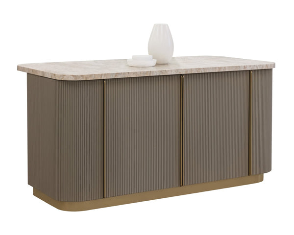 Sunpan CATALDI Kitchen Island with Marble Top & Taupe Faux Leather – Elegant Versatile Prep & Workspace 112291