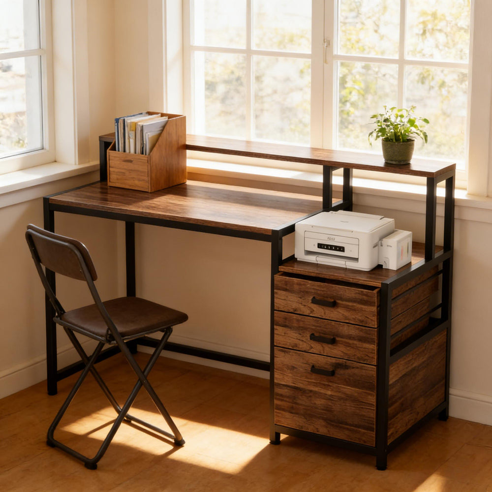 English Elm Sturdy Two-tier Computer Desk with File Cabinet and Monitor Riser for Home Office Black,Rustic Brown T3971P450685