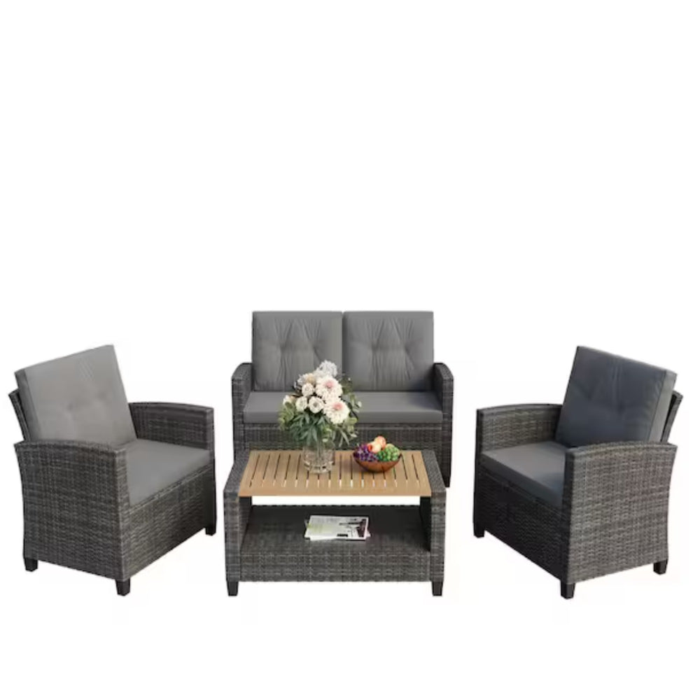 English Elm 4-piece Wicker Outdoor Conversation Set with Acacia Wood Table and Foam Cushions Grey+Brown B082S00062