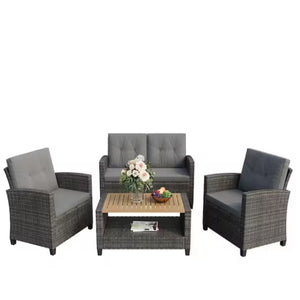 English Elm 4-piece Wicker Outdoor Conversation Set with Acacia Wood Table and Foam Cushions Grey+Brown B082S00062
