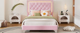 English Elm Twin Size Upholstered Bed Frame With Led Lights,Modern Velvet Platform Bed With Tufted Headboard,Pink