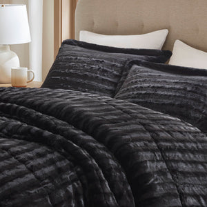 JLA Home Madison Park - Faux Faux Fur Comforter Mini Set with OEKO-TEX Soft Plush Pile, Machine Washable, Hotel Chic Feel Black MP10-3064