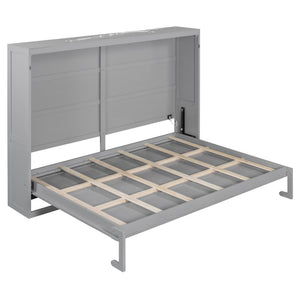 English Elm Queen Murphy Wall Bed with Led Lighting Modern Cabinet Folds Flat for Studio Living Gray LP100973AAE