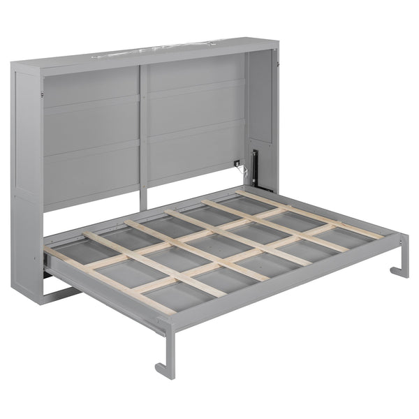 English Elm Queen Murphy Wall Bed with Led Lighting Modern Cabinet Folds Flat for Studio Living Gray LP100973AAE