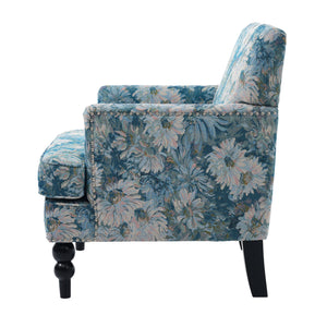 English Elm Harrison Tufted Club Chair Smooth Upholstered Accent Seat with Turned Legs for Living Room Blue+Multi N767P425084O