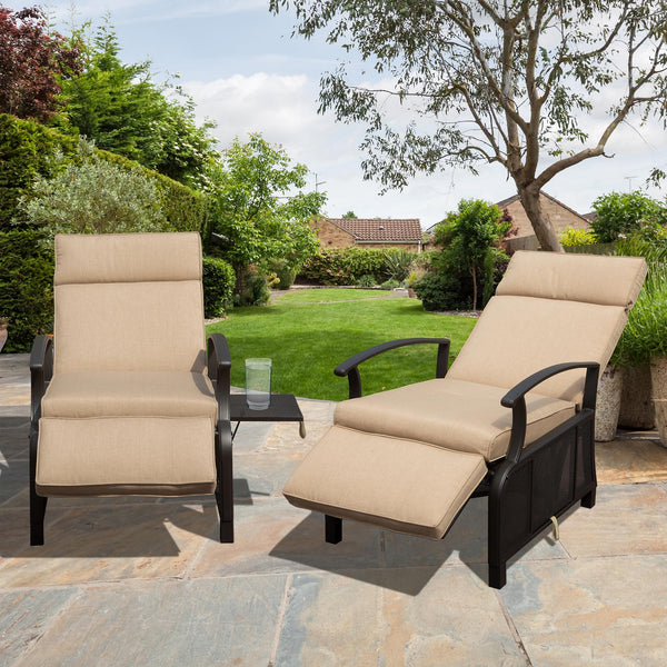 English Elm Adjustable Patio Recliner Chair with Flip Side Table, Ergonomic Cushions, Heavy-Duty Steel, 350lb Support Beige W1859P196335