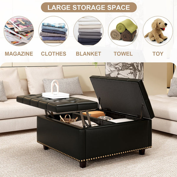 English Elm Large Tufted Pu Leather Ottoman with Bronze Rivets Mid-century Storage Footrest W2113P182630