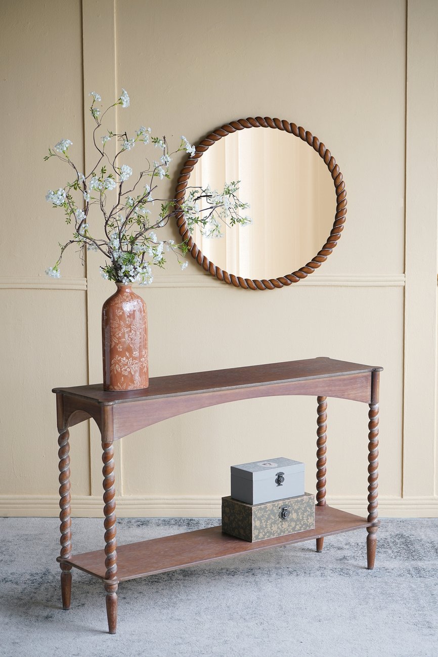 English Elm 47x22x18.5" Rustic Wood Coffee Table with Spiral Turned Legs and Open Storage Shelf W2078P460473