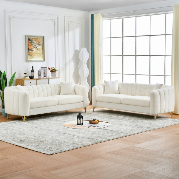 English Elm Oversized Chenille Three Seat Tufted Sofa with Gold Legs for Glam Living Rooms W3373S00075