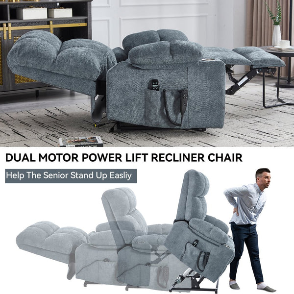 English Elm Dual Motor Power Lift Recliner with Massage Heat and Leatherair Upholstery for Living Room Grey-Blue W3224P294319
