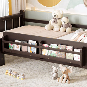 English Elm Twin Pine Floor Bed for Kids with Side Bookcases Built-in Stairs and Safety Guardrails Espresso W1580P390217