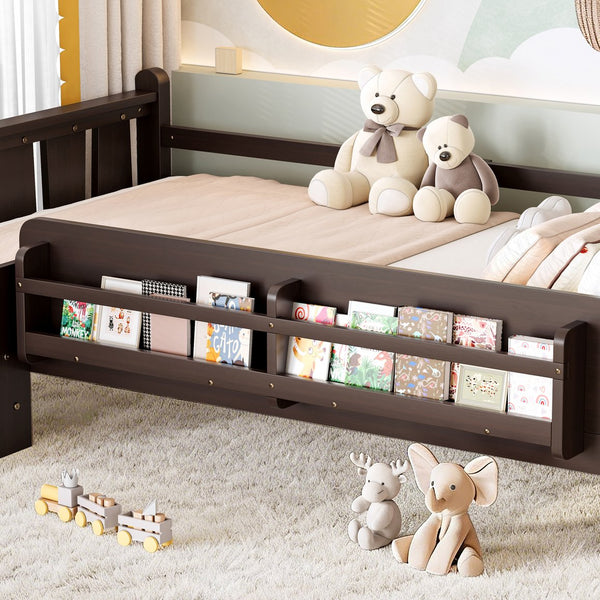 English Elm Twin Pine Floor Bed for Kids with Side Bookcases Built-in Stairs and Safety Guardrails Espresso W1580P390217
