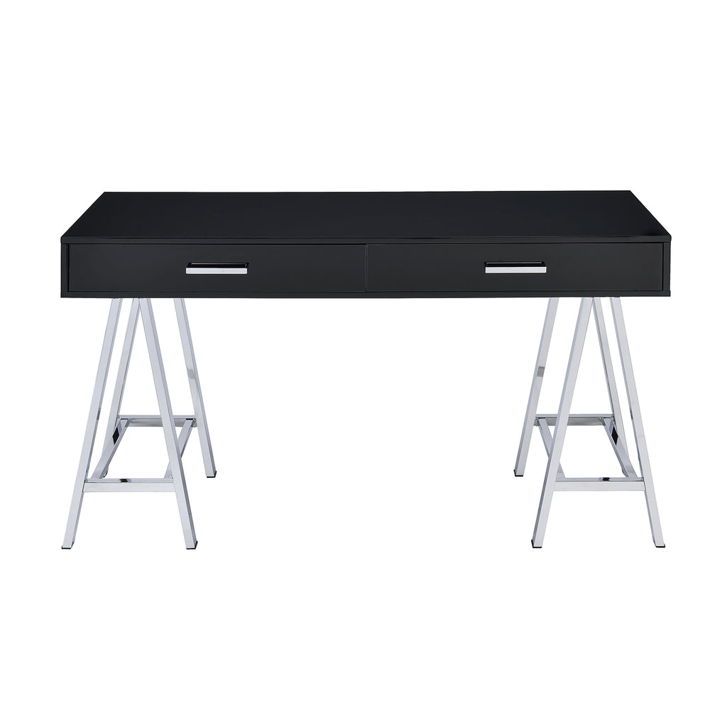 English Elm 2 Modern Writing Desk with 2 Drawers, Black High Gloss Top and Chrome Sawhorse Base for Home Office Elegance B016P311299