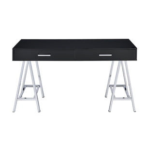 English Elm 2 Modern Writing Desk with 2 Drawers, Black High Gloss Top and Chrome Sawhorse Base for Home Office Elegance B016P311299
