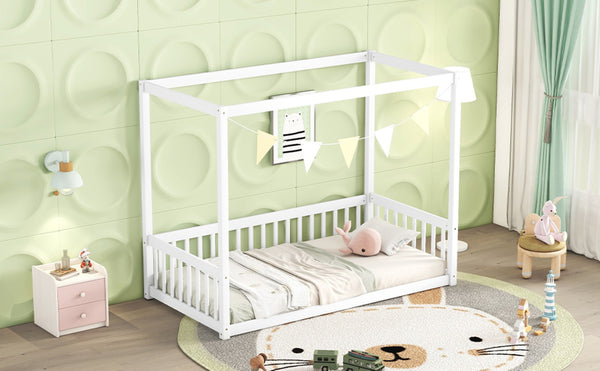 English Elm Twin Canopy Frame Floor Bed With Guardrails – Charming White Design For Cozy Kids' Rooms & Playtime W504P143278-GIGA