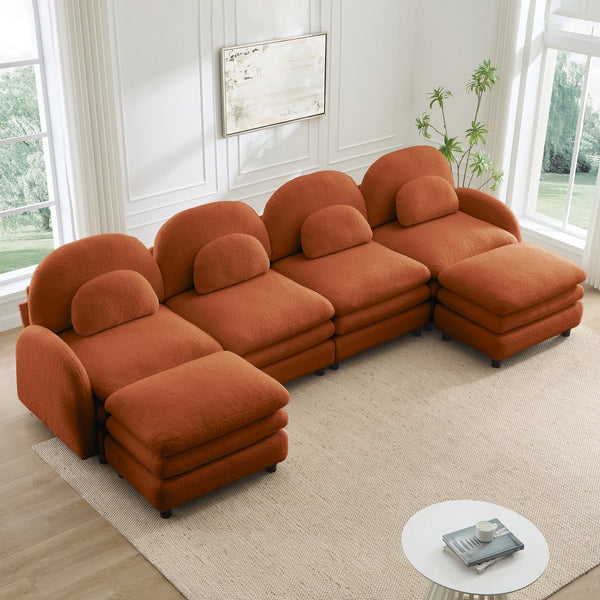 English Elm Teddy Fleece Curved Modular Sectional Sofa with Movable Ottomans for Cozy Living Rooms Orange W5656S00105