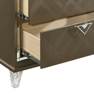 English Elm Dark Champagne Mirrored Nightstand with Acrylic Legs, 2 Drawers, Metal Knobs & Safety Stops — Glamorous Bedroom Accent B062P186502