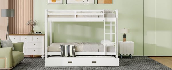 English Elm Wood Queen Size Bunk Bed With Trundle & Ladder – Stylish Space-Saving Solution For All Ages! N7090004008K-GIGA