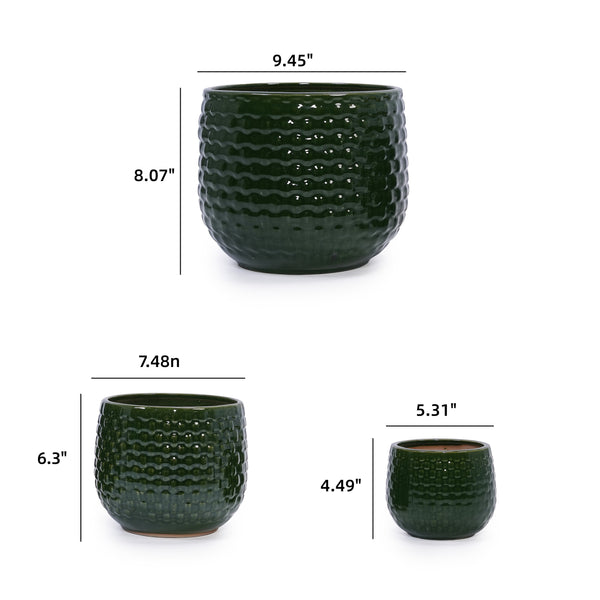 English Elm 3 Pieces Ceramic Flowerpot Set - Elegant Dark Green Planters For Garden, Patio & Indoor Spaces W3273P321559