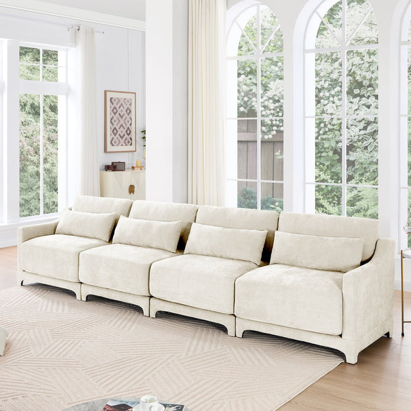 English Elm Four-Seater Chenille Sofa - Ergonomic Design, Solid Wood Frame, Lumbar Pillows, Stylish Beige Comfort W714S01200