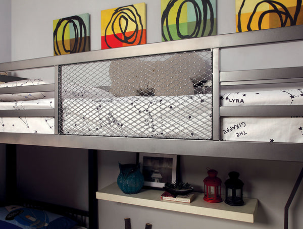 English Elm Modern Triple Twin L-Shaped Bunk Bed with Workstation, Silver Grey & Black Metal Frame, Safe Rails B2741P351949