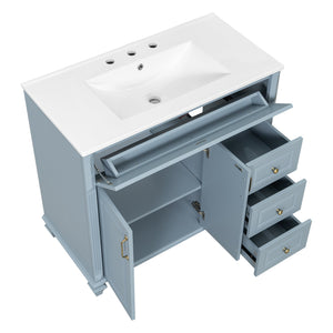 English Elm 36" Bathroom Vanity - Modern Blue Grey Solid Wood Cabinet With Elegant Gold Handles & Ample Storage N725P356069E