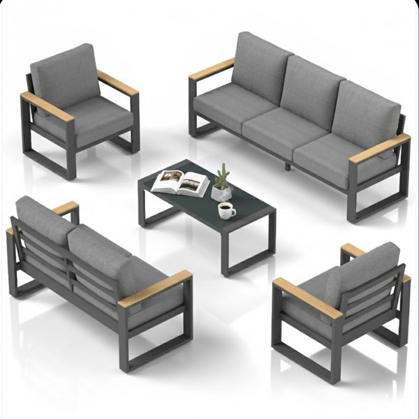 English Elm All-weather 5 Piece Aluminum Patio Conversation Set 7 Seat with Tempered Glass Table Gray B082S00111