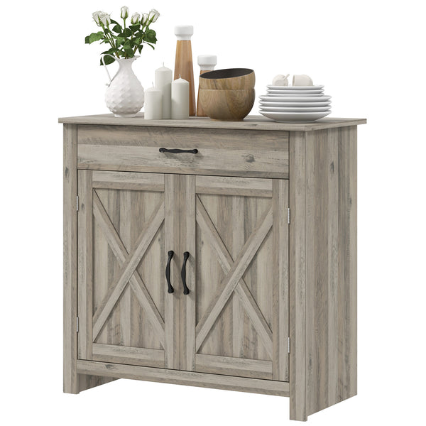 English Elm HOMCOM Rustic Farmhouse Sideboard Buffet Cabinet with Barn Doors, Drawer & Adjustable Shelves for Entryway Gray Wash W2225P229124