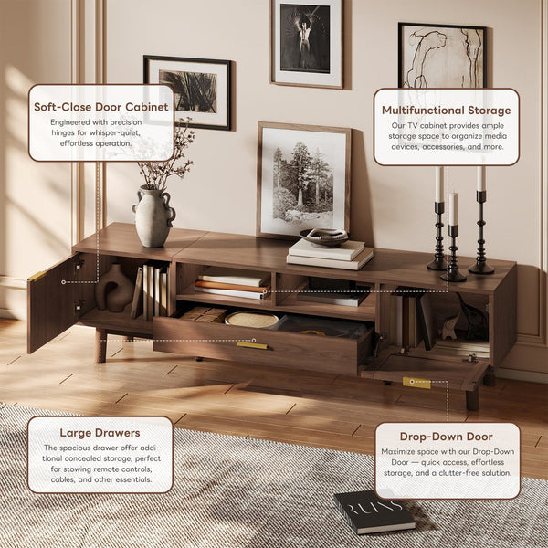 English Elm Wood TV Stand for 75" TVs with Rattan Drawers, Soft-Close Doors, Drop-Down Storage, Waterproof Finish N710P257619P