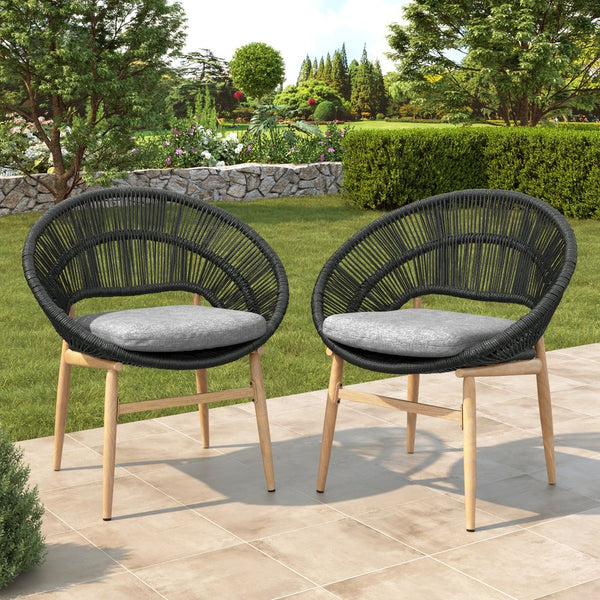 English Elm Christopher Knight Home® - Cyril Handwoven Outdoor Wicker Papasan Dining Chair Set of 2 with Water‑Resistant Cushions, UV‑Safe Dark Gray,Teak N775P271975G