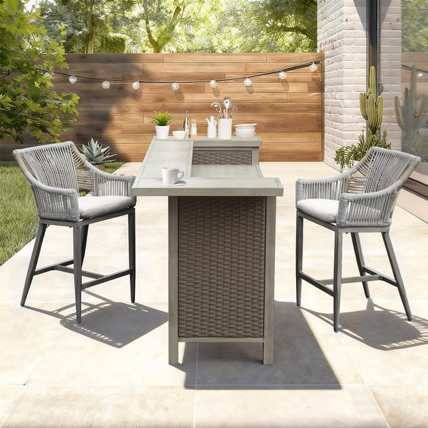 English Elm Outdoor Wicker Aluminum 3 Piece Bar Set with Stools Storage and Propane Compartment W1859S00178