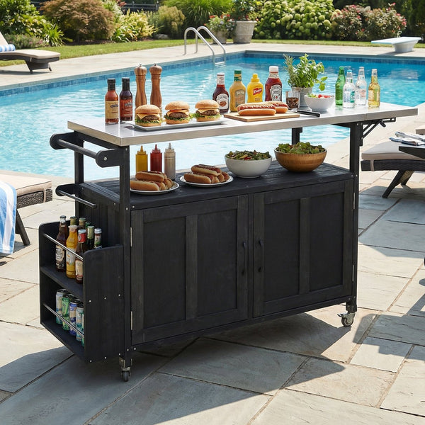 English Elm Foldable Outdoor Kitchen Cart with Stainless Worktop Fir Wood Frame and Lockable Wheels Black N719P380279B
