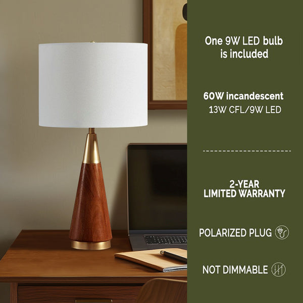 JLA Home INK+IVY - Triangular Pecan Wood Table Lamp with Gold Accents, White Drum Shade, LED Bulb Included for Mid‑Century Charm II153-0006