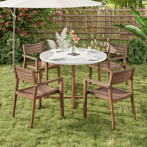 English Elm U_style Solid Acacia Wood Round Outdoor Dining Set Seats Four with Slatted Design Light Gray,Natural & Light Brown WY000475AAD
