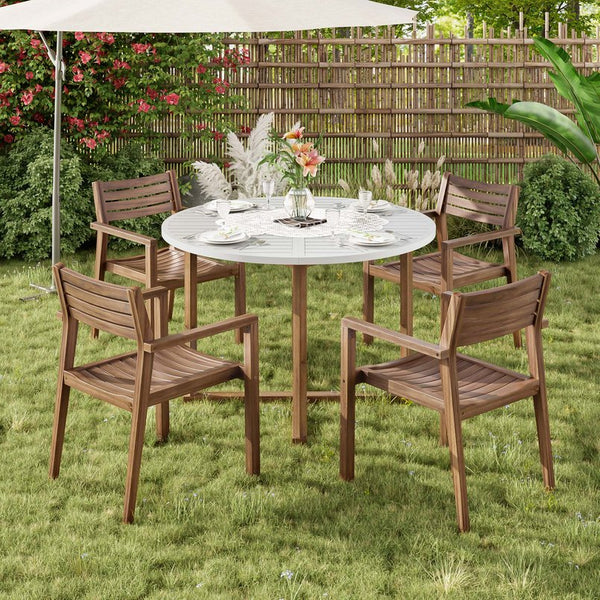 English Elm U_style Solid Acacia Wood Round Outdoor Dining Set Seats Four with Slatted Design Light Gray,Natural & Light Brown WY000475AAD