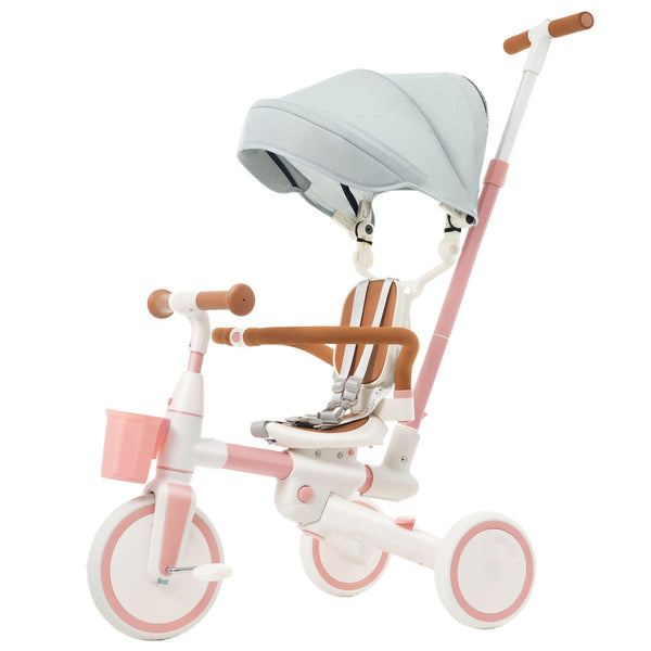 English Elm 7 in 1 Convertible Toddler Tricycle Aluminum Frame Push Trike with Rotating Seat Canopy Pink N726P300636G